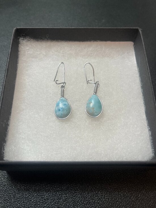 Natural Larimar Teardrop Wire-Wrapped Earrings - Picture 7 of 7
